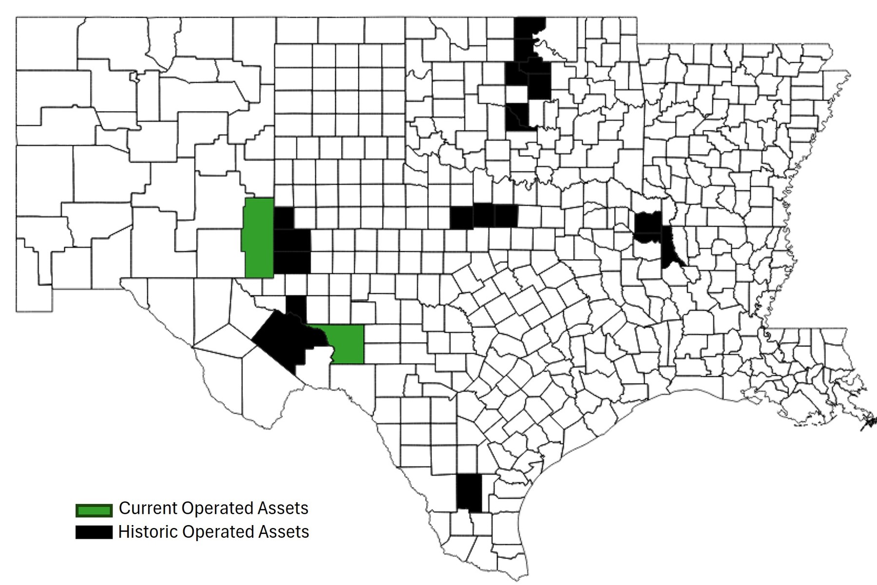 County map of Texas, Oklahoma, New Mexico, Arkansas and Louisiana showing Terravon's current operated assets shaded green and historic operated assets shaded black.